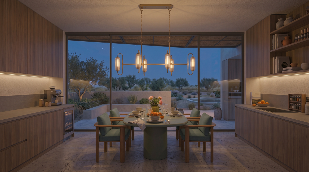 Brass linear chandelier with glass globe shades over a dining table at dusk