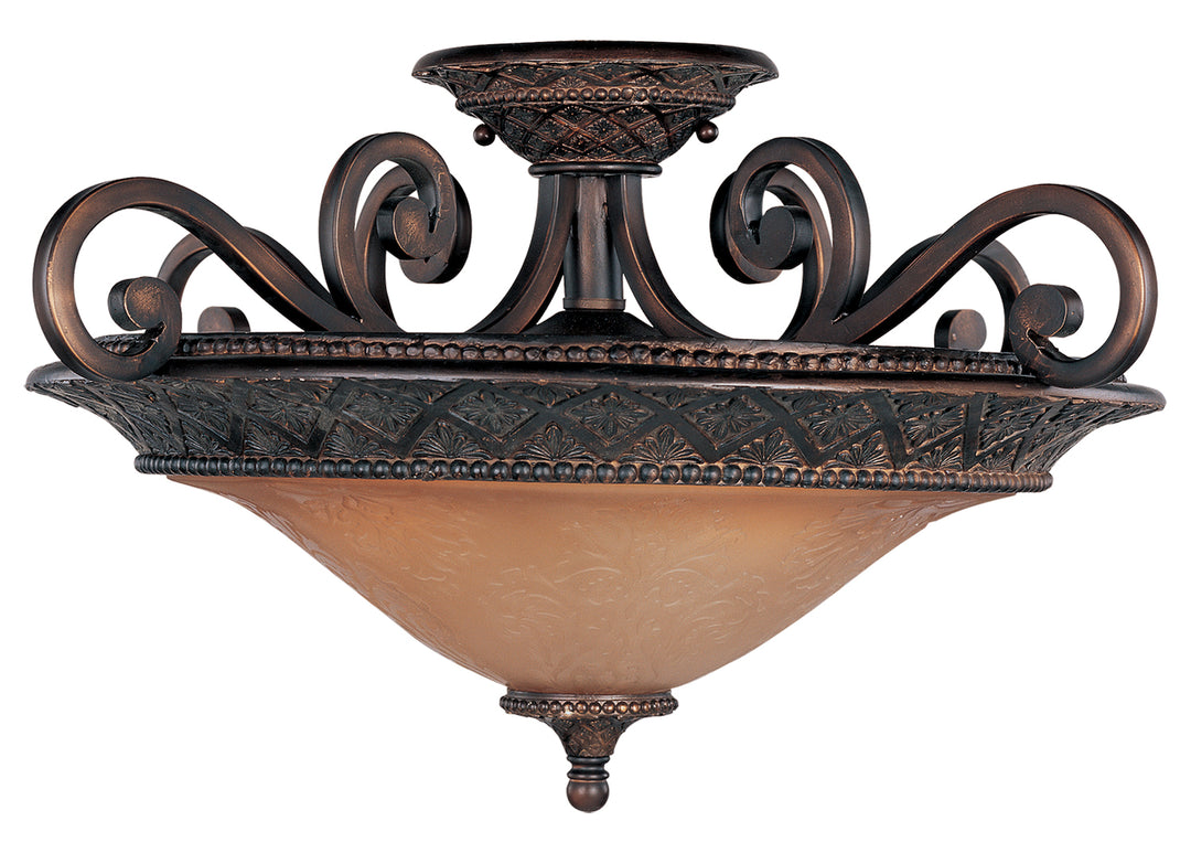Three Light Oil Rubbed Bronze Screen Amber Glass Bowl Semi-Flush Mount by Maxim