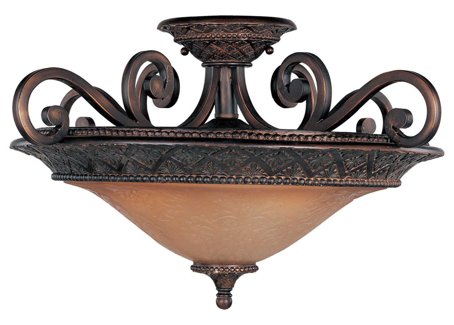 Three Light Oil Rubbed Bronze Screen Amber Glass Bowl Semi-Flush Mount by Maxim