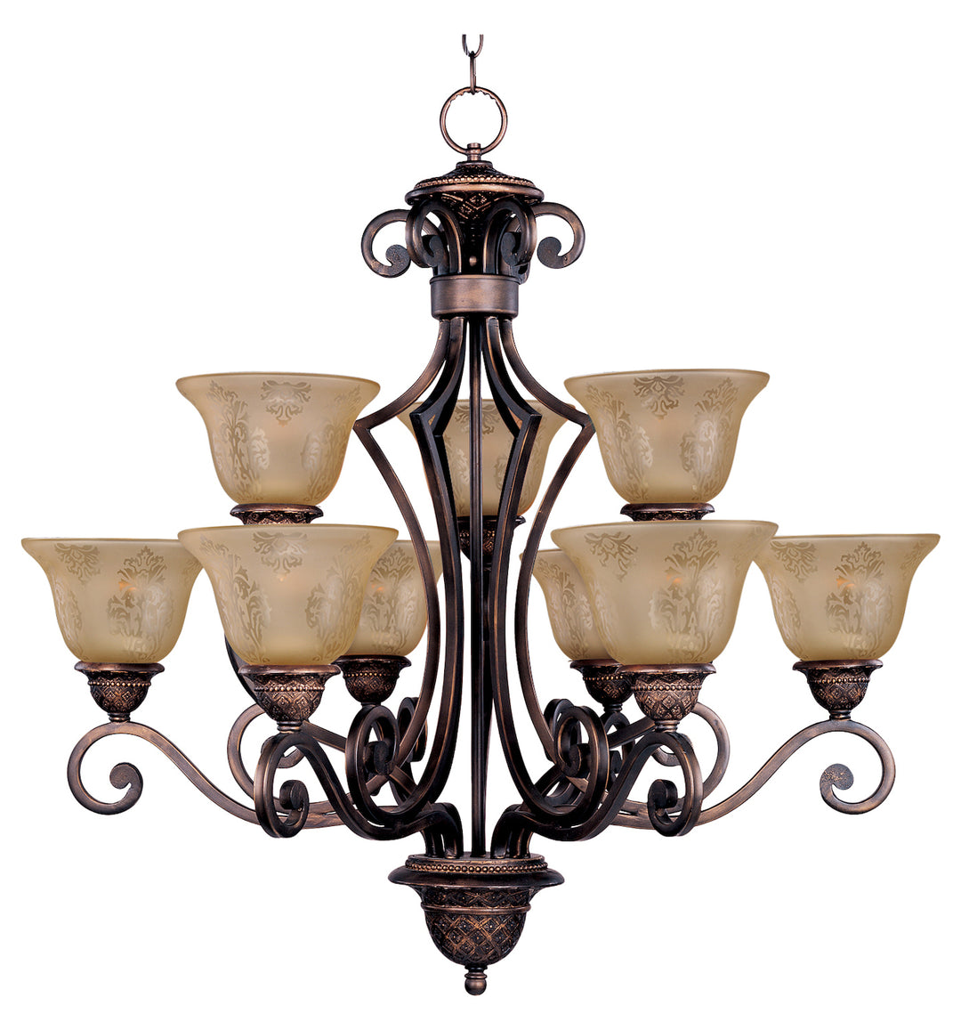 Nine Light Oil Rubbed Bronze Screen Amber Glass Up Chandelier by Maxim
