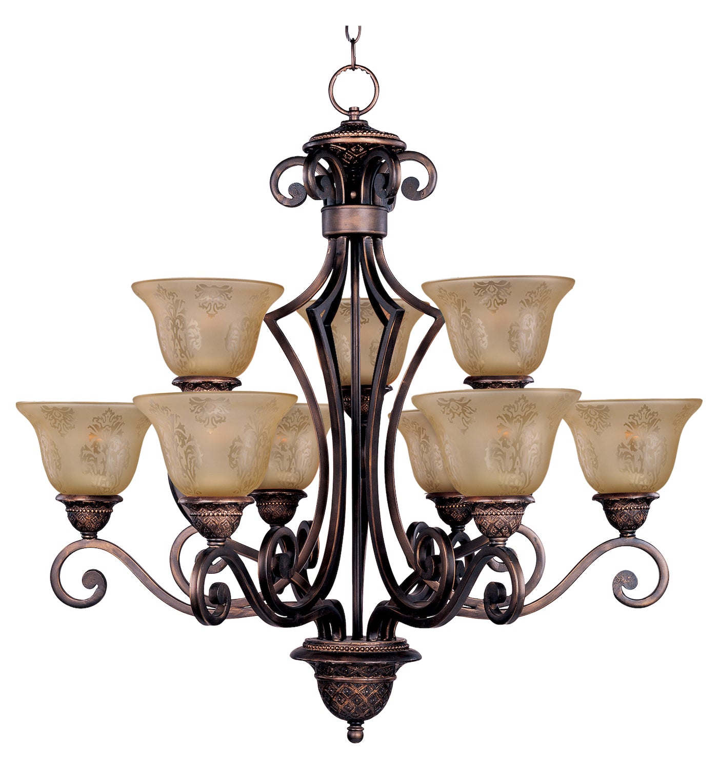 Nine Light Oil Rubbed Bronze Screen Amber Glass Up Chandelier by Maxim