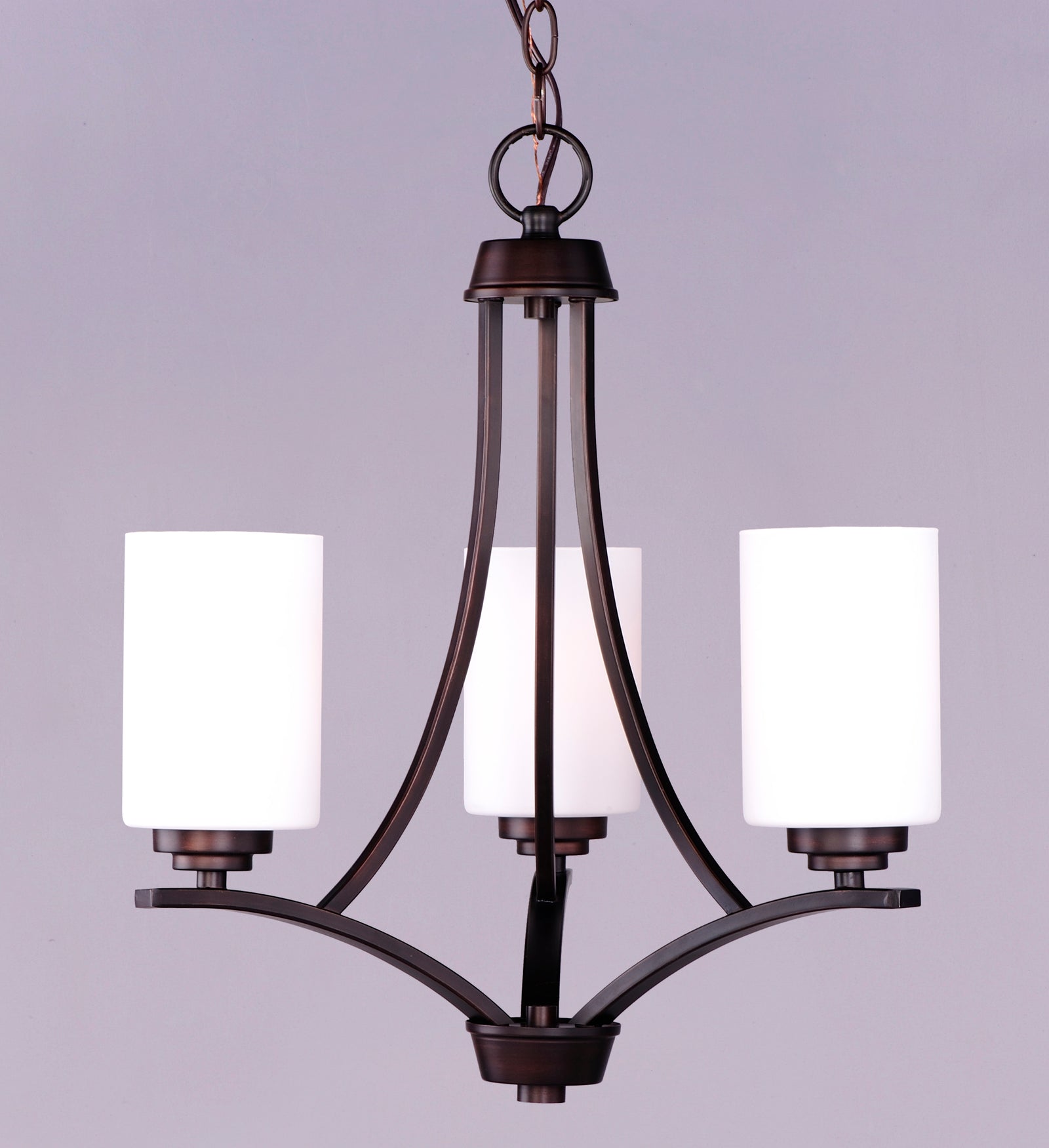 Three Light Oil Rubbed Bronze Satin White Glass Up Chandelier