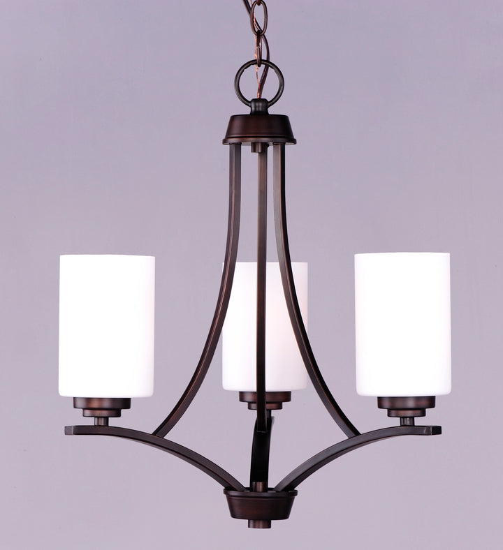Three Light Oil Rubbed Bronze Satin White Glass Up Chandelier