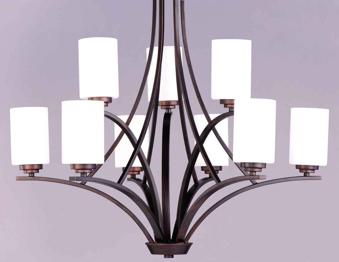 Nine Light Oil Rubbed Bronze Satin White Glass Up Chandelier
