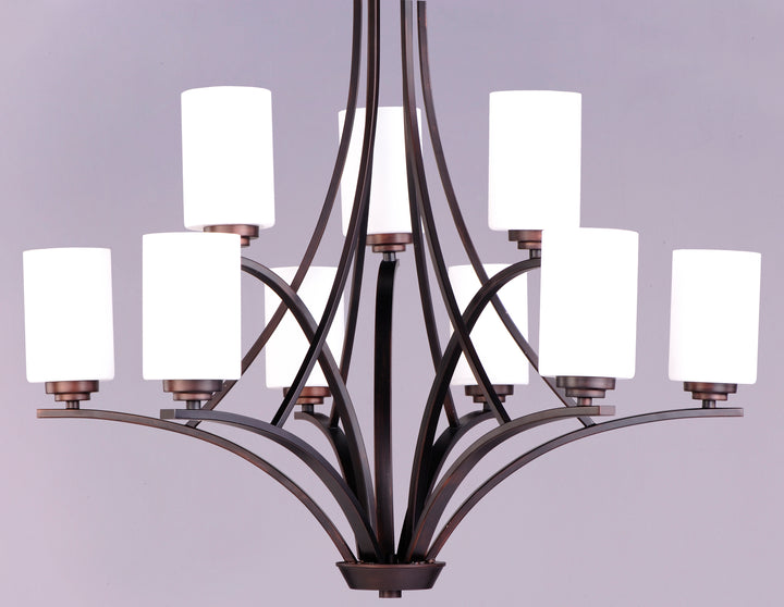 Nine Light Oil Rubbed Bronze Satin White Glass Up Chandelier