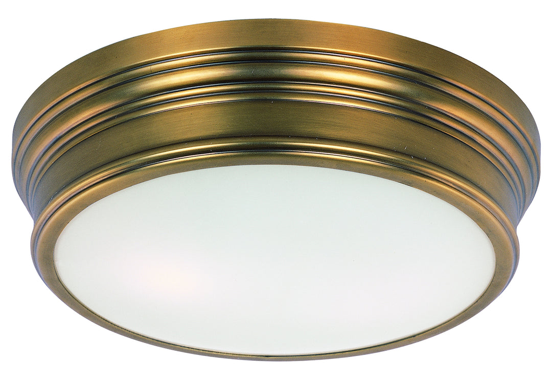 Two Light Satin White Glass Natural Aged Brass Drum Shade Flush Mount by Maxim