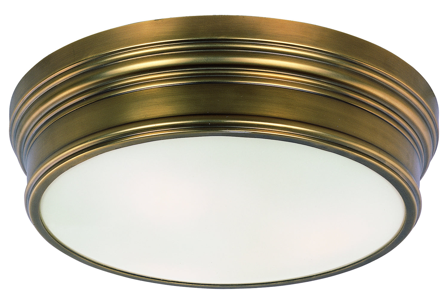 Three Light Satin White Glass Natural Aged Brass Drum Shade Flush Moun by Maxim
