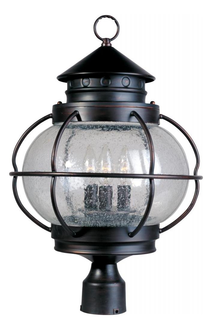 Three Light Oil Rubbed Bronze Seedy Glass Post Light by Maxim