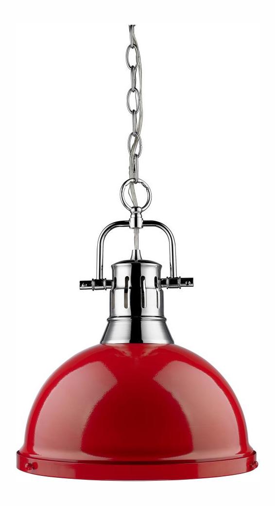 Chrome  1 Light Industrial Pendant with Red Shade by Golden