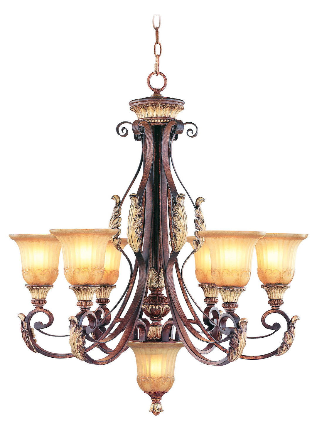 Verona Bronze 6 Light 600W Chandelier With Medium Bulb Base And Rustic Art Glass