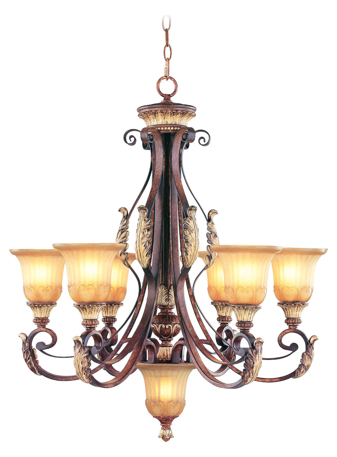 Verona Bronze 6 Light 600W Chandelier With Medium Bulb Base And Rustic Art Glass