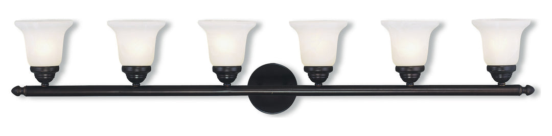 Bronze 6 Light 600 Watt 48in Wide Bathroom Fixture With White Alabaster Glass by Livex Lighting