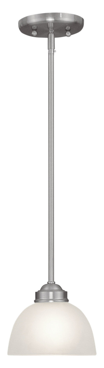 Brushed Nickel 1 Light 100 Watt 6.5in Wide Mini Pendant With Satin Glass by Livex Lighting