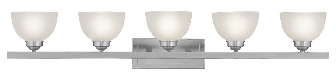 Brushed Nickel 5 Light 500 Watt 48in Wide Bathroom Fixture With Satin Glass by Livex Lighting
