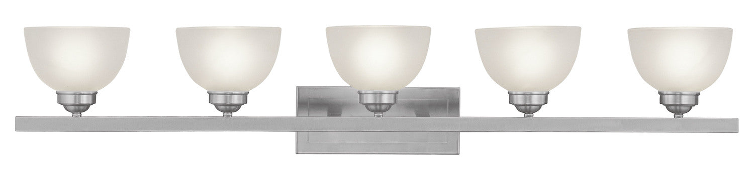 Brushed Nickel 5 Light 500 Watt 48in Wide Bathroom Fixture With Satin Glass by Livex Lighting