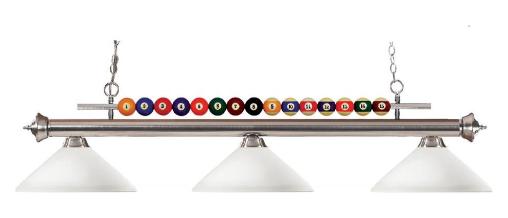 Brushed Nickel  3 Light Billiard Chandelier with White Glass Shades by Z-Lite
