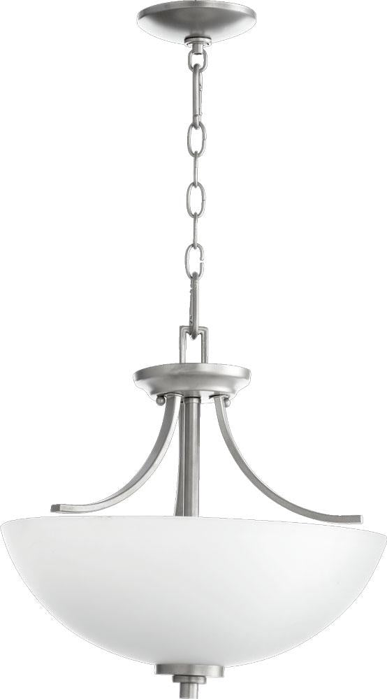 Three Light Satin Opal Glass Classic Nickel Up Pendant by Quorum