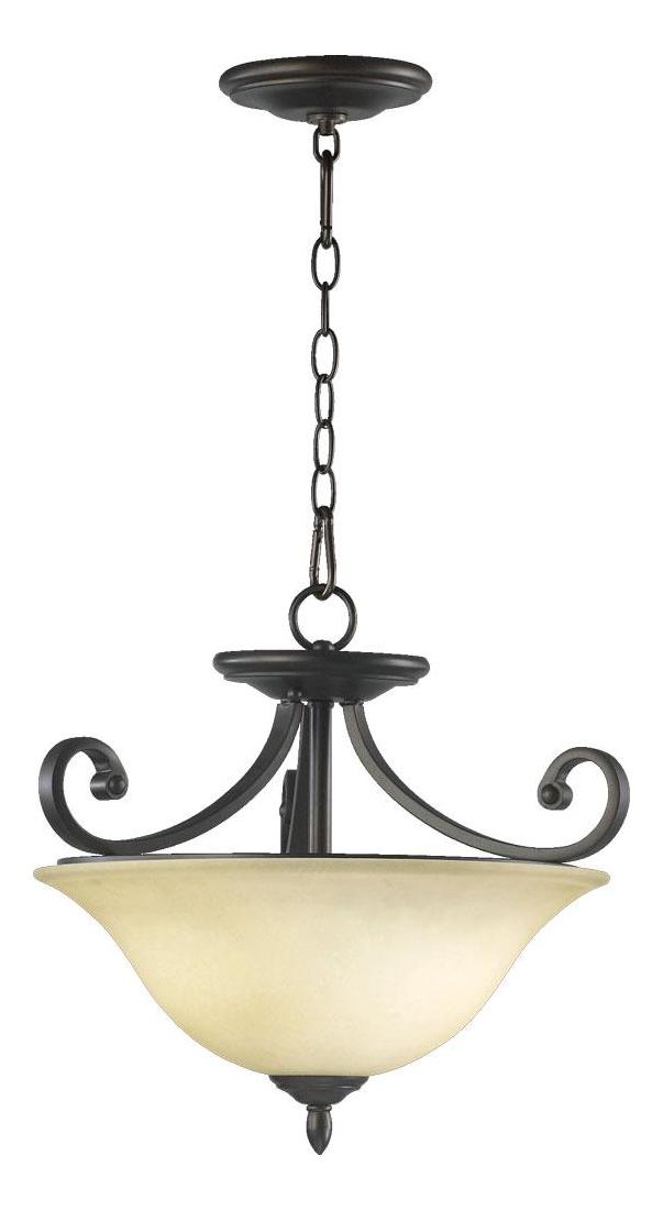 Three Light Oiled Bronze Amber Scavo Glass Up Pendant by Quorum