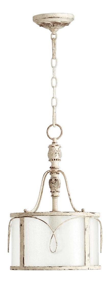 One Light Clear Seeded Glass Persian White Drum Shade Pendant by Quorum