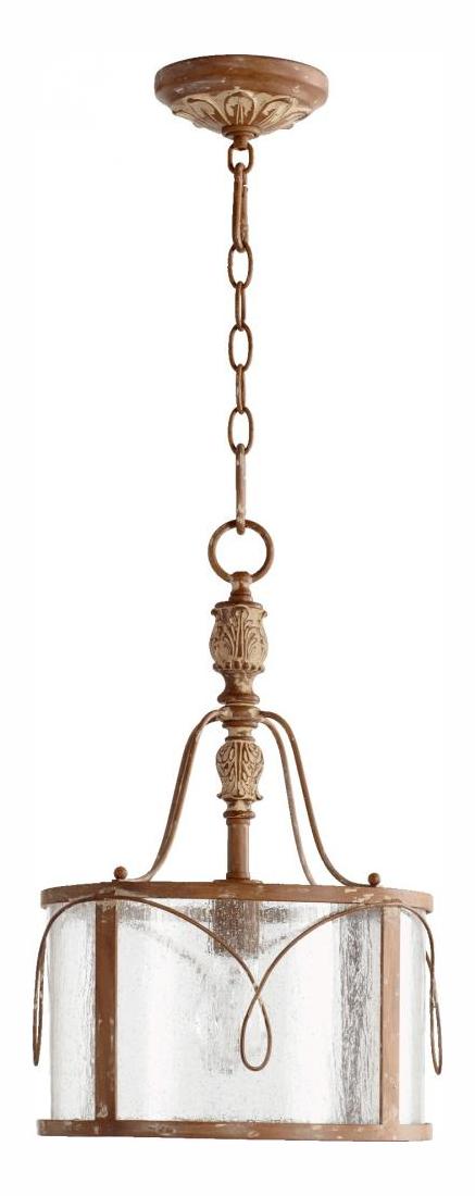 One Light Clear Seeded Glass French Umber Drum Shade Pendant by Quorum