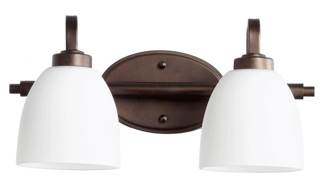 Two Light Oiled Bronze Satin Opal Glass Vanity by Quorum
