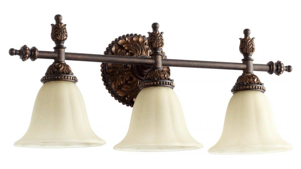 Three Light Amber Linen Glass Toasted Sienna With Mystic Silver Vanity by Quorum