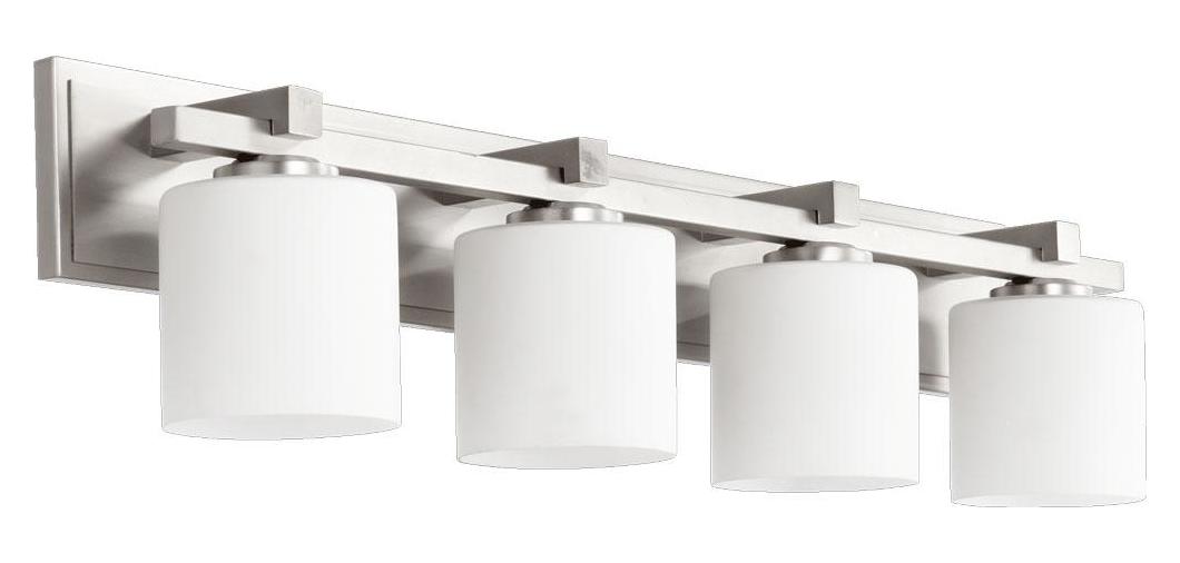 Four Light Satin Nickel Satin Opal Glass Vanity by Quorum