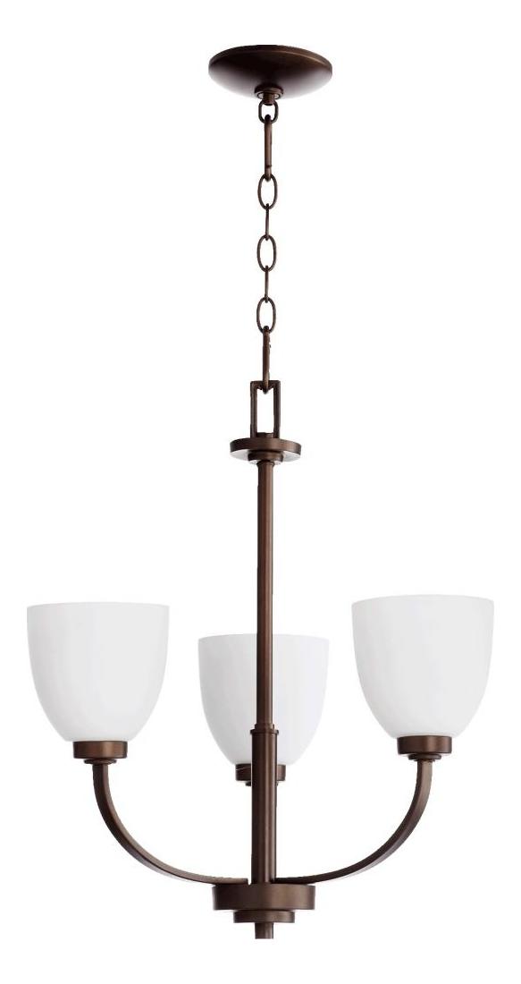 Three Light Oiled Bronze Satin Opal Glass Up Chandelier by Quorum