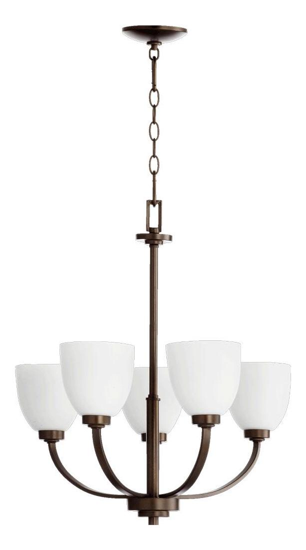 Five Light Oiled Bronze Satin Opal Glass Up Chandelier by Quorum