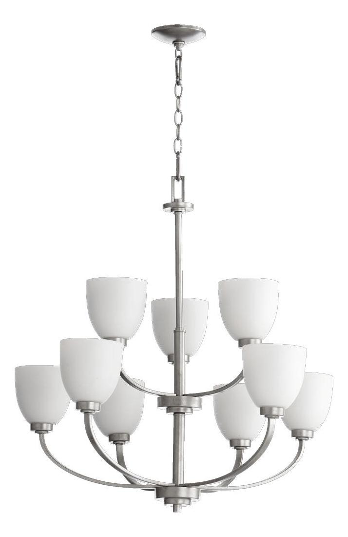 Nine Light Satin Opal Glass Classic Nickel Up Chandelier by Quorum