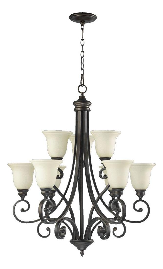 Nine Light Oiled Bronze Amber Scavo Glass Up Chandelier by Quorum
