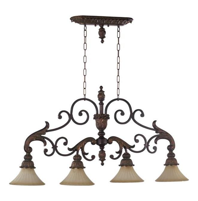 Four Light Corsican Gold Antique Amber Glass Island Light by Quorum