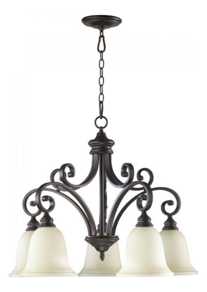Five Light Oiled Bronze Amber Scavo Glass Down Chandelier by Quorum