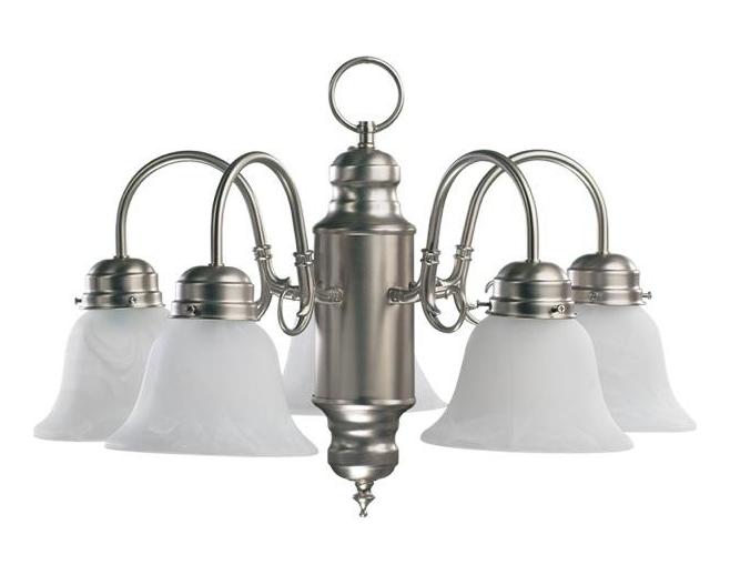 Five Light Satin Nickel White Glass Down Chandelier by Quorum