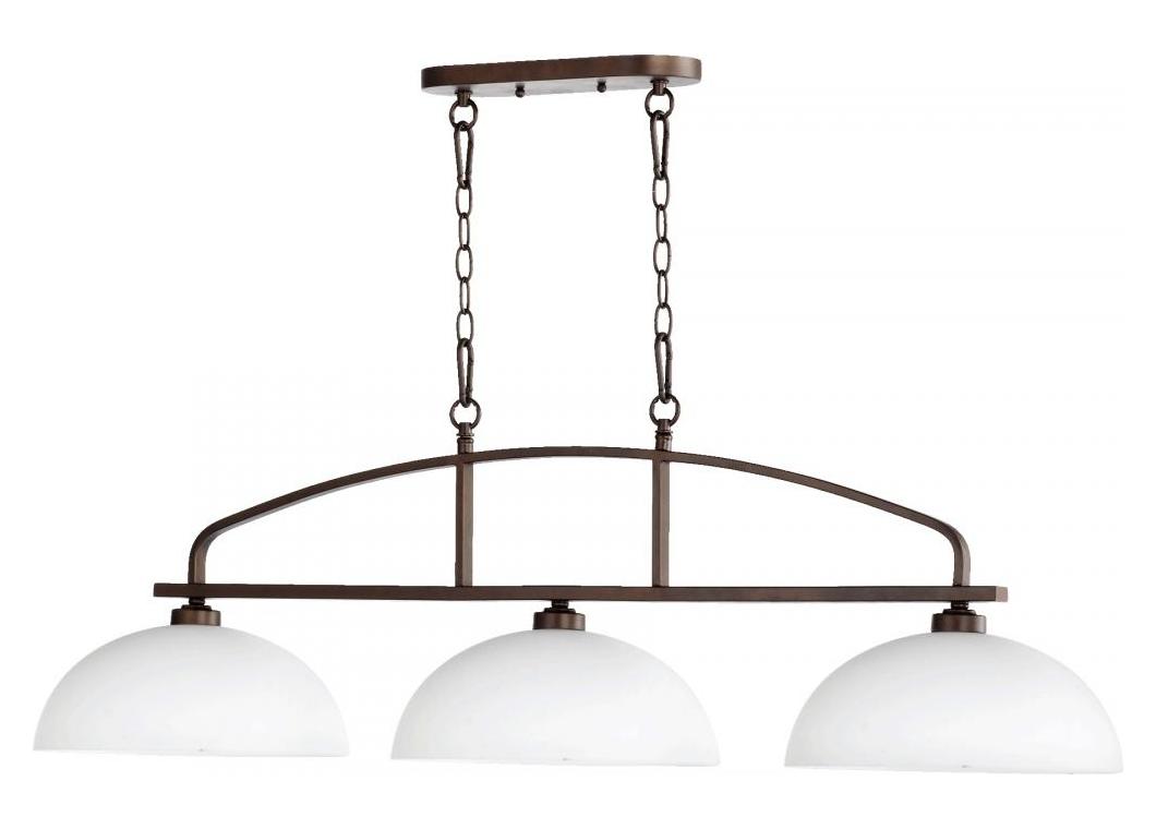 Three Light Oiled Bronze Satin Opal Glass Island Light by Quorum