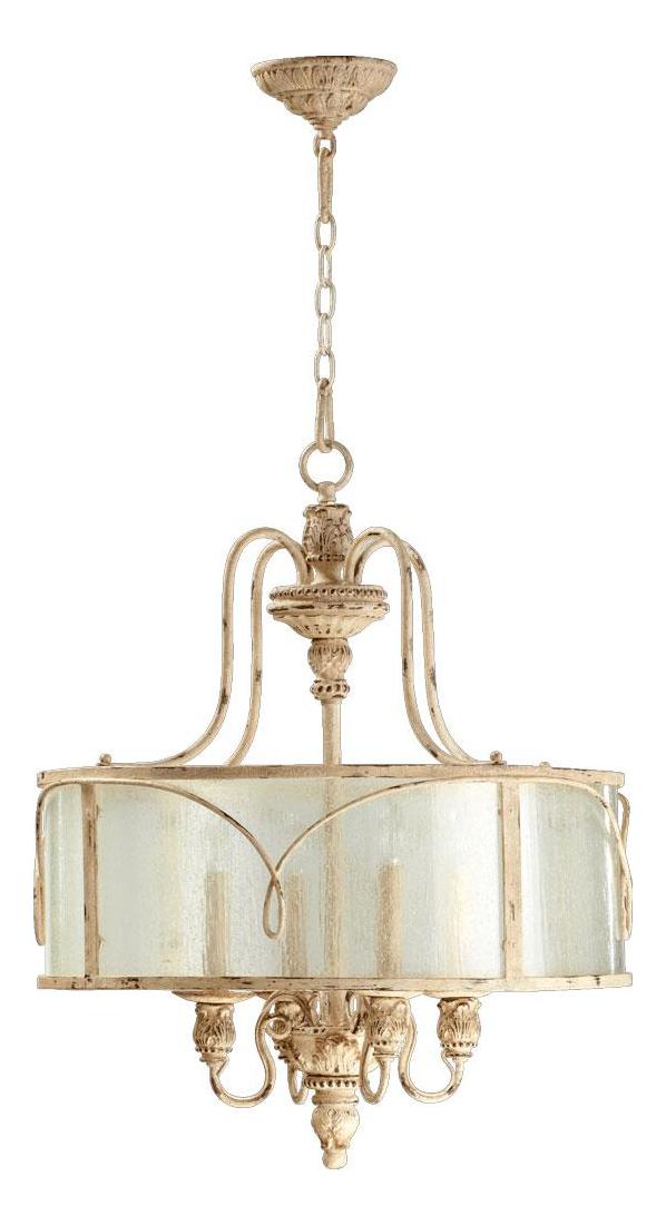 Four Light Clear Seeded Glass Persian White Drum Shade Pendant by Quorum