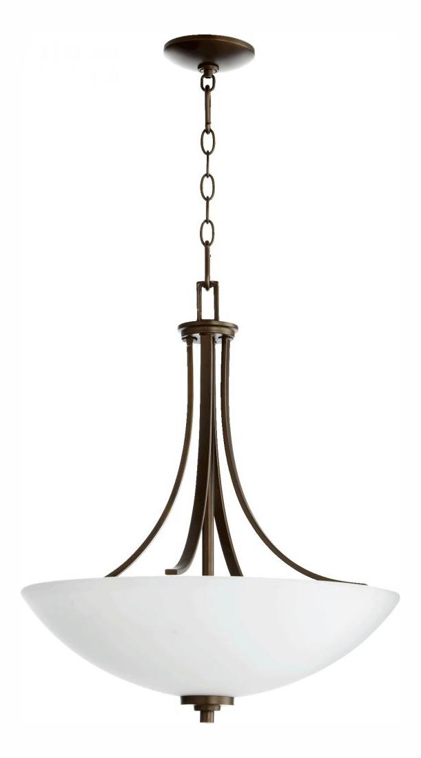 Four Light Oiled Bronze Satin Opal Glass Up Pendant by Quorum