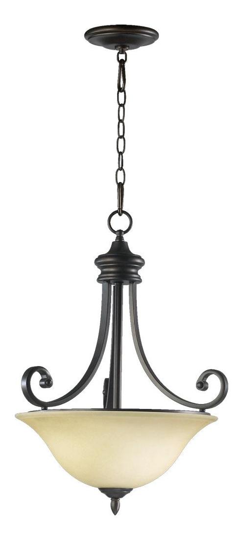 Three Light Oiled Bronze Amber Scavo Glass Up Pendant by Quorum