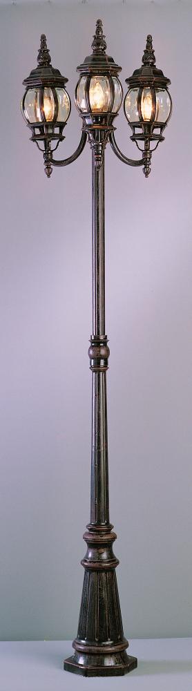 Three Light Rust Clear Beveled Hexagon Glass Post Light