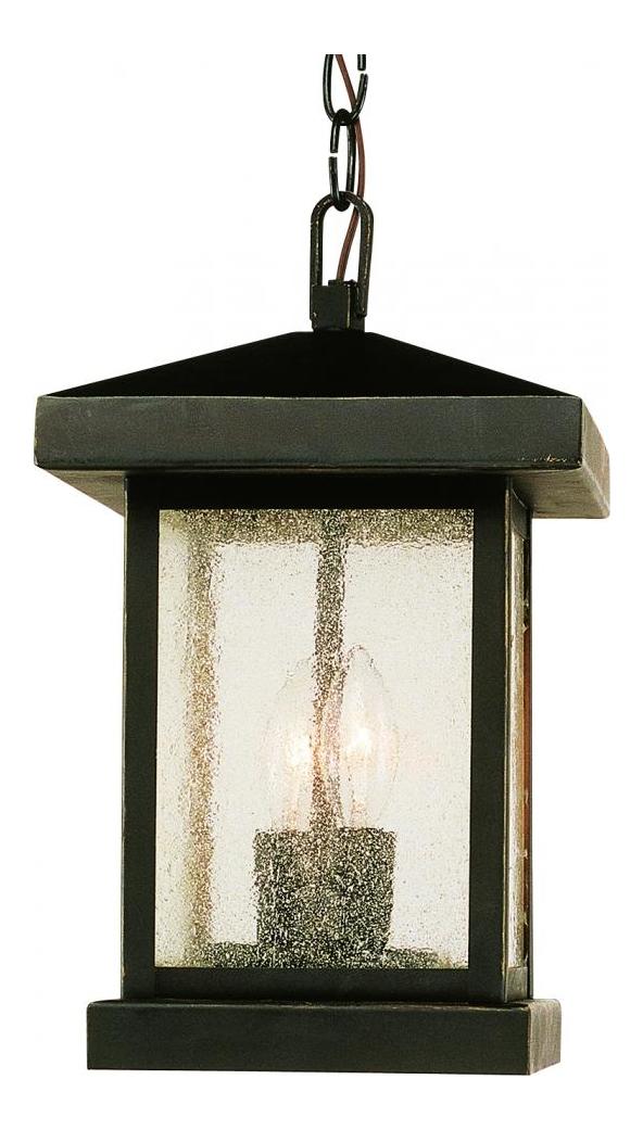 Two Light Weathered Bronze Amber Seeded Glass Hanging Lantern by Trans Globe