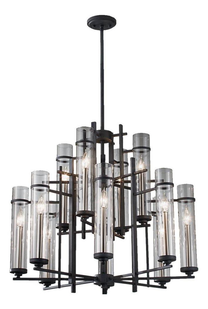 Twelve Light Clear Glass Antique Forged Iron/Aged Walnut Up Chandelier by Generation Lighting