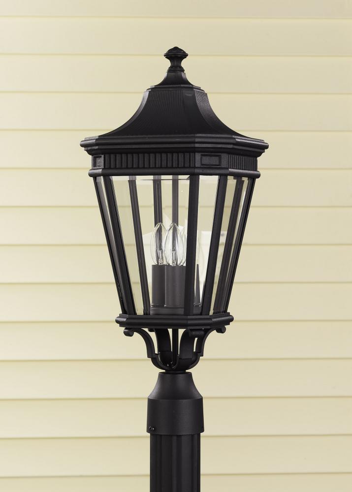 Three Light Black Clear Beveled Glass Post Light by Generation Lighting