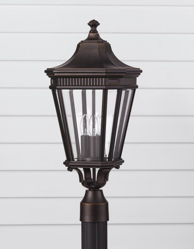 Three Light Grecian Bronze Clear Beveled Glass Post Light by Generation Lighting