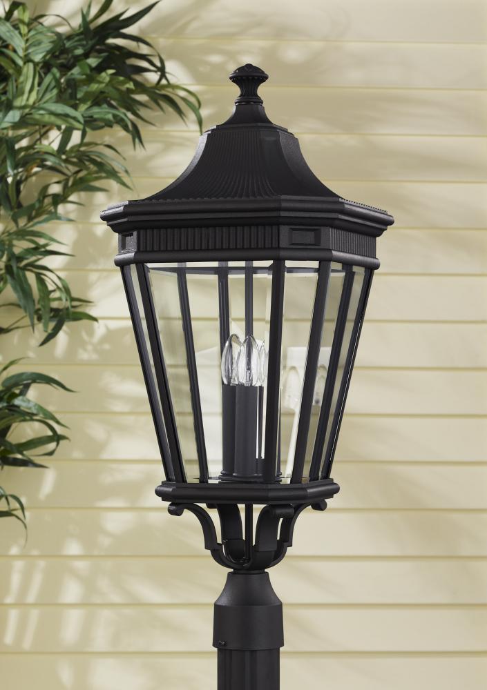 Three Light Black Clear Beveled Glass Post Light by Generation Lighting