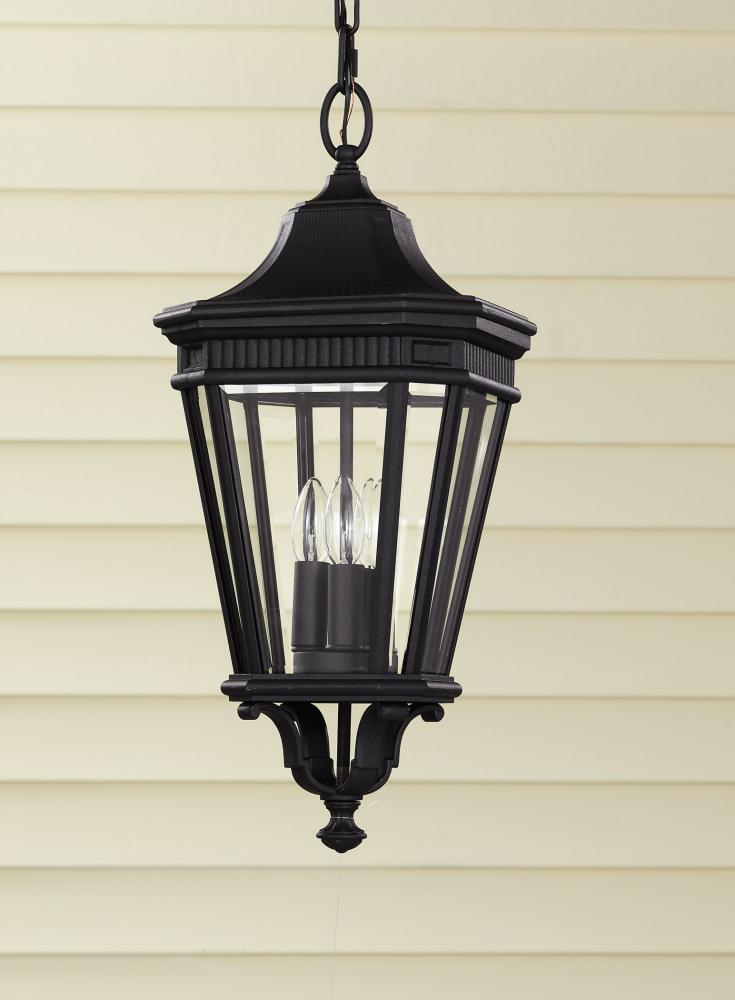 Three Light Black Clear Beveled Glass Hanging Lantern by Generation Lighting