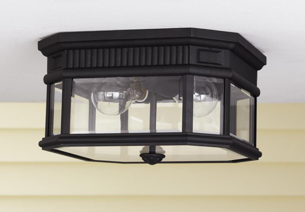 Two Light Black Clear Beveled Glass Outdoor Flush Mount by Generation Lighting