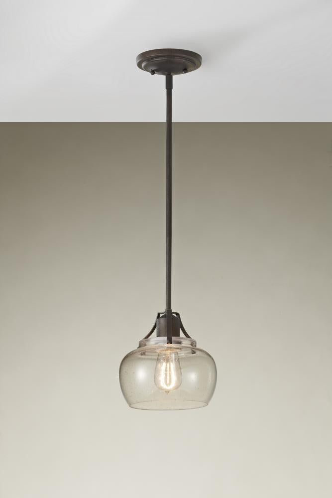 One Light Rustic Iron Clear Seeded Glass Down Mini Pendant by Generation Lighting