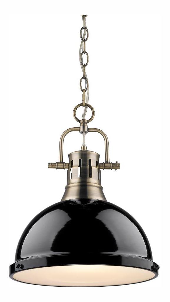 Aged Brass  1 Light Industrial Pendant with Black Shade by Golden