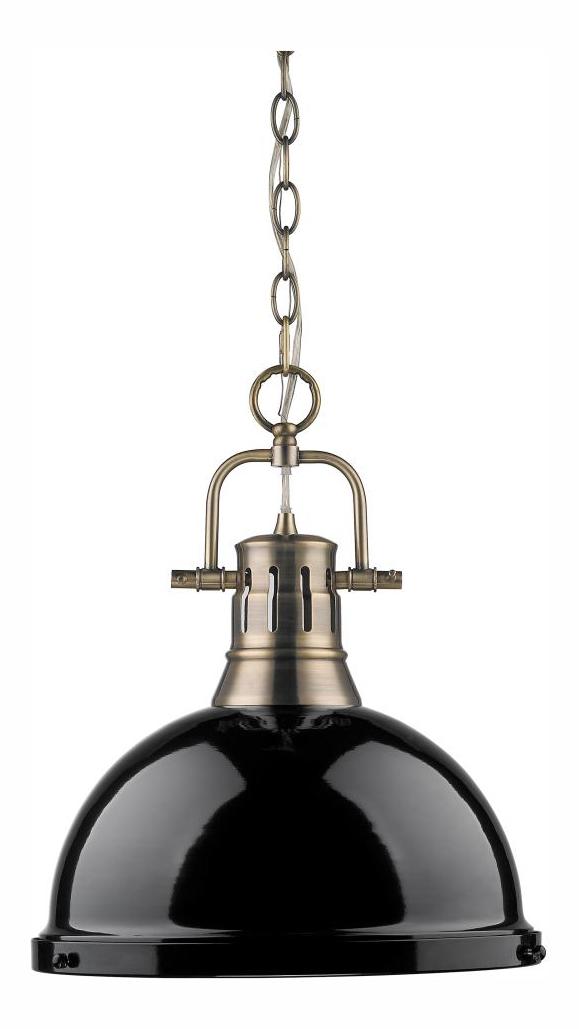 Aged Brass  1 Light Industrial Pendant with Black Shade