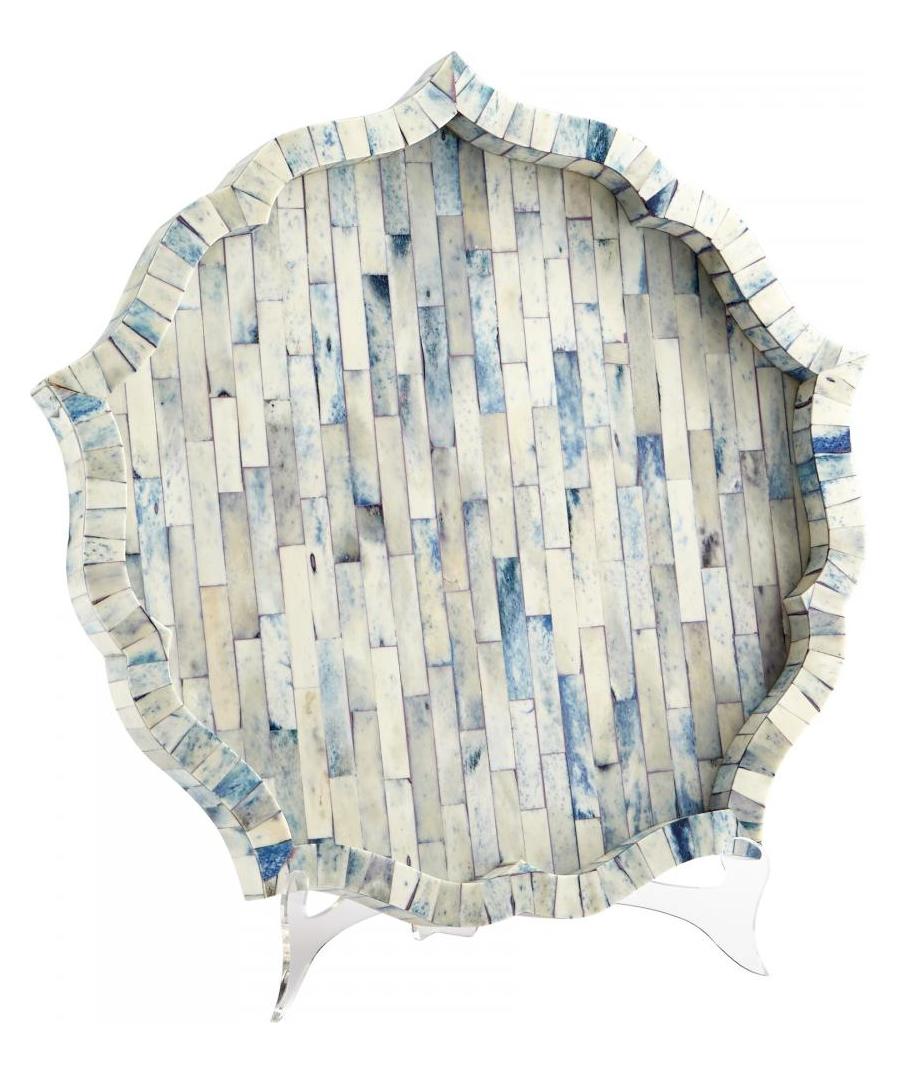 Blue  18 Inch Diameter Bone and Wood Tray Made in India by Cyan Designs